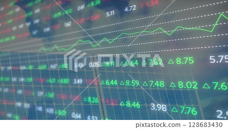Image of financial data processing over solar panel Image of financial data processing over solar panel 128683430