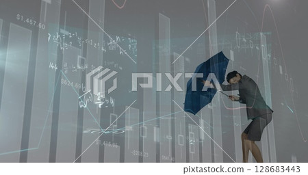 Image of financial data processing and mathematical equations over caucasian businesswoman 128683443