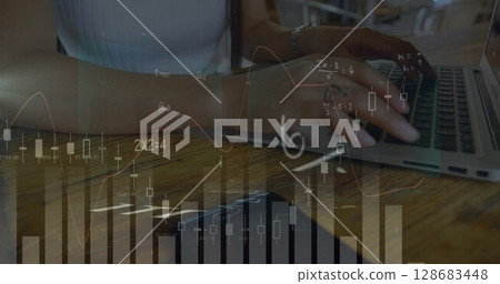 Image of financial data processing and mathematical equations over biracial businesswoman 128683448