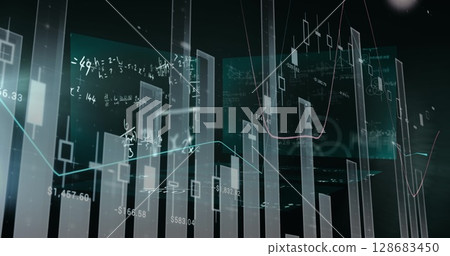 Image of financial data processing and mathematical equations over black background 128683450