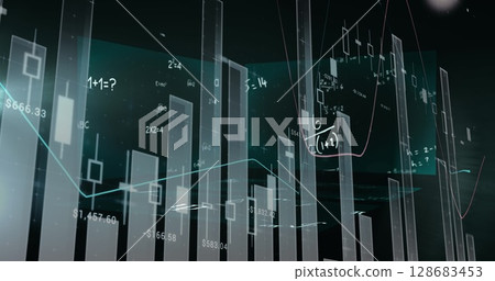 Image of financial data processing and mathematical equations over black background Image of financial data processing and mathematical equations over black background 128683453