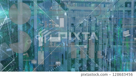 Image of financial data processing over server room 128683456