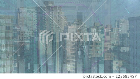 Image of financial data processing and mathematical equations over cityscape 128683457