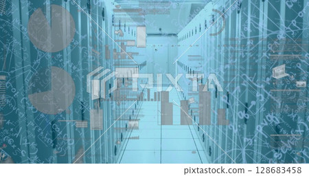 Image of financial data processing and mathematical equations over server room 128683458