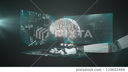 Image of robotic hand holding brain over mathematical equations 128683466