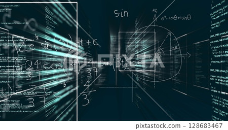 Image of data processing and mathematical equations over black background 128683467