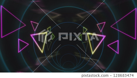 Image of tunnel with neon shapes over black background 128683474