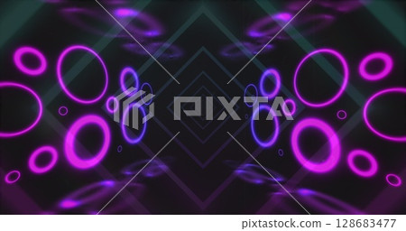 Image of tunnel with neon shapes over black background Image of tunnel with neon shapes over black background 128683477