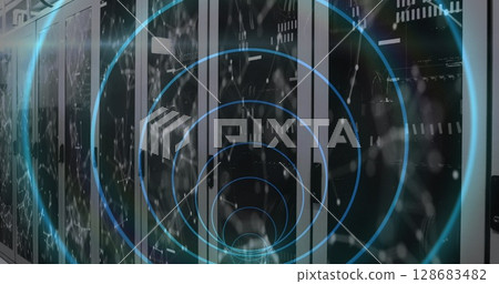 Image of tunnel with neon shapes over server room Image of tunnel with neon shapes over server room 128683482