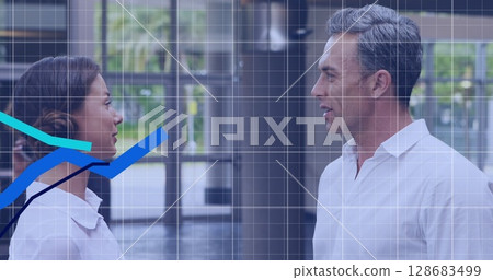 Image of data processing over diverse business people shaking hands Image of data processing over diverse business people shaking hands 128683499