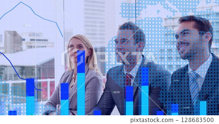 Image of data processing over diverse business people shaking hands 128683500