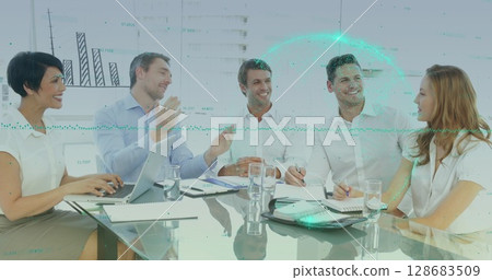 Image of data processing over diverse business people shaking hands Image of data processing over diverse business people shaking hands 128683509