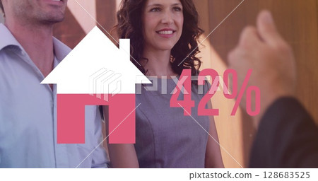 Image of house icon over diverse people shaking hands 128683525