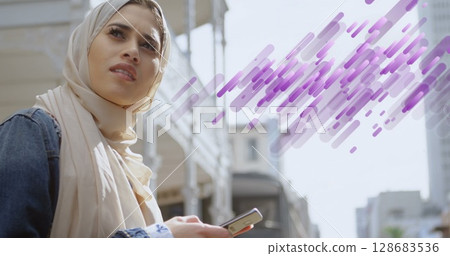 Image of shapes over biracial businesswoman using smartphone 128683536