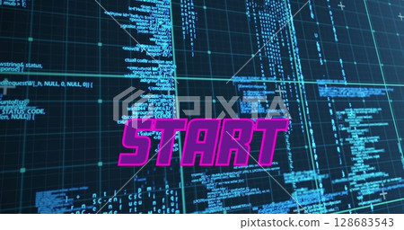 Purple start text banner against data processing on blue background 128683543