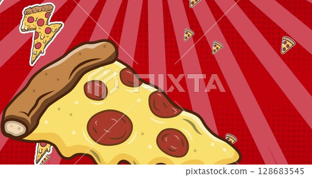 Image of pizza icons over stripes on red background Image of pizza icons over stripes on red background 128683545