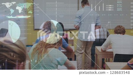 Statistical data processing against caucasian male teacher teaching students in a class at college Statistical data processing against caucasian male teacher teaching students in a class at college 128683548