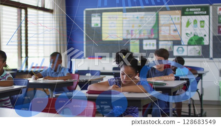 Statistical data processing against group of diverse students studying in a class at school Statistical data processing against group of diverse students studying in a class at school 128683549