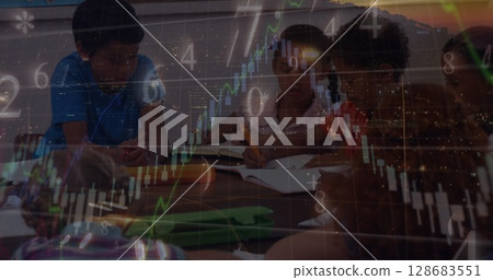 Financial data processing against group of diverse students studying in a class at school 128683551