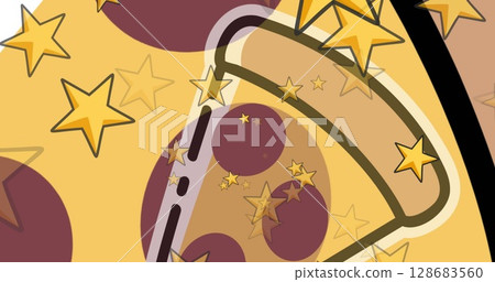 Image of pizza icons over stars on grey background 128683560