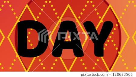 Image of pizza day text and pizza icons over shapes on yellow background 128683565