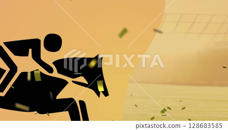 Image of horse with rider icon and race text with confetti over orange background 128683585