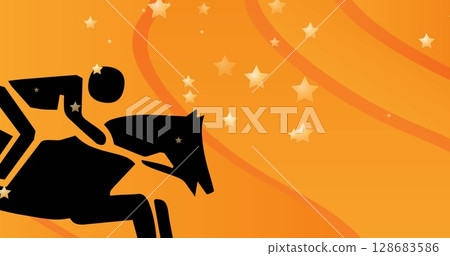 Image of horse with rider icon and stars over orange background 128683586