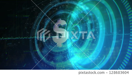 Dollar symbol spinning over neon blue round scanner against black background 128683604