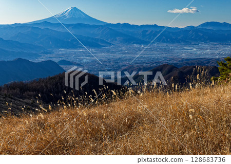 從健德山和扇平山的冬季草原上眺望富士山 128683736