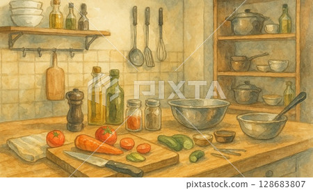 廚師工作台和炊具的水彩插圖 128683807