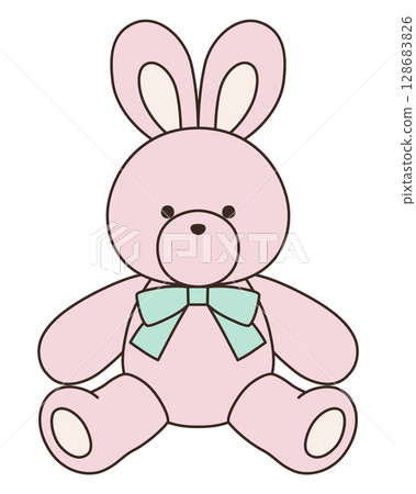 Vector illustration of a cute stuffed rabbit with a ribbon. Rabbit, icon 128683826