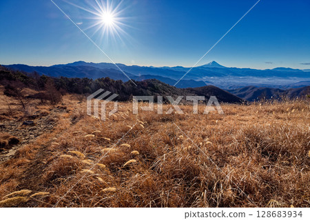 從健德山和扇平山的冬季草原上眺望富士山 128683934