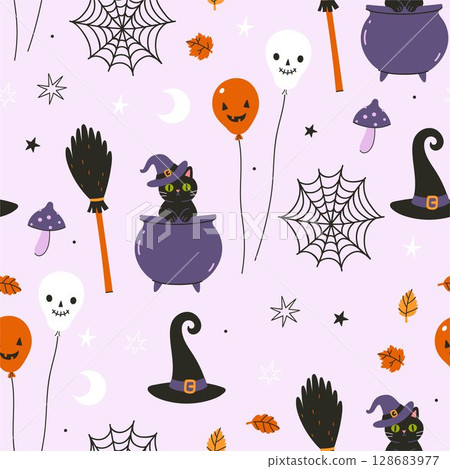 Halloween seamless pattern with black cat, witch hats, witch cauldron. Vector graphics. Halloween seamless pattern with black cat, witch hats, witch cauldron. Vector graphics. 128683977