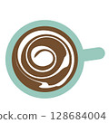 Top view of coffee with milk in a light blue cup 128684004