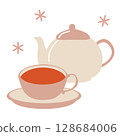 Cute tea illustration of teapot and cup in dull color 128684006