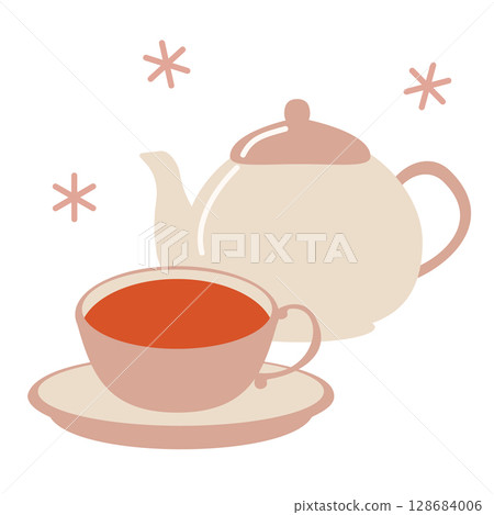 茶壺和茶杯的可愛茶插圖，顏色暗淡 128684006