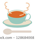 Simple illustration of tea in light blue and beige teacup with spoon and steam 128684008