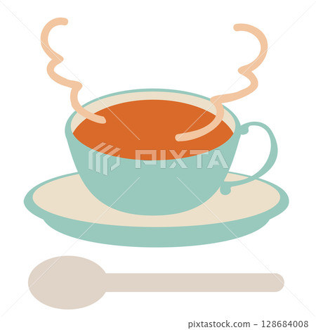淺藍色和米色茶杯中的茶與湯匙和蒸氣的簡單插圖 128684008