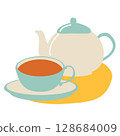 Illustration of tea in a beige and light blue bicolor teapot and cup 128684009