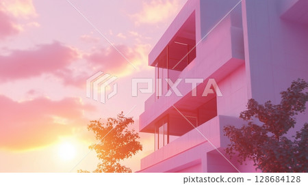 Simple minimal style modern pink building green tree tone and blue sky, bottom view 128684128