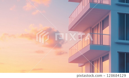 Simple minimal style modern pink building green tree tone and blue sky, bottom view 128684129