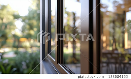 Window glass brown metal frame in house with blurred green garden 128684163
