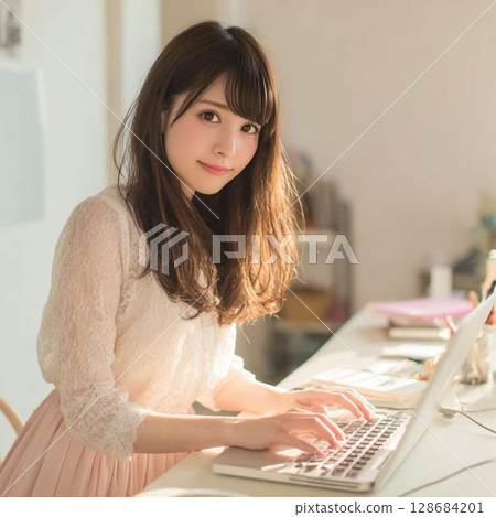 一個微笑著在電腦上工作的年輕女人 一個微笑著在電腦上工作的年輕女人 128684201