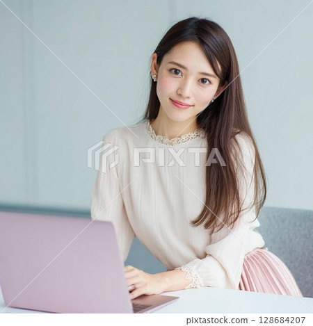 Smiling young woman looking at camera 128684207