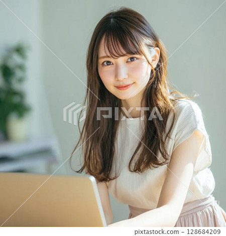 使用一台電腦在客廳裡的年輕女子 128684209