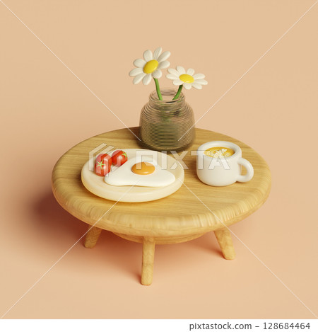 Minimal 3D food scene with eggs and tomatoes on a stylish table. 3D render illustration 128684464