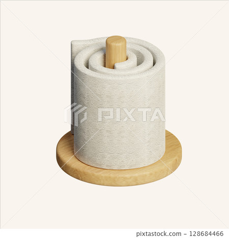 Minimalist 3D kitchen tool design featuring a paper towel holder. Isometric render illustration Minimalist 3D kitchen tool design featuring a paper towel holder. Isometric render illustration 128684466