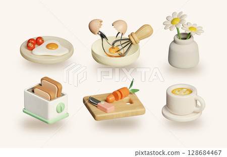 Minimal kitchen tool set with 3D food elements and utensils illustration Minimal kitchen tool set with 3D food elements and utensils illustration 128684467