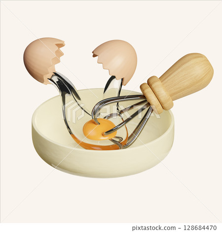 Minimal kitchen egg whisk with broken eggshells in isometric style. 3D render illustration Minimal kitchen egg whisk with broken eggshells in isometric style. 3D render illustration 128684470