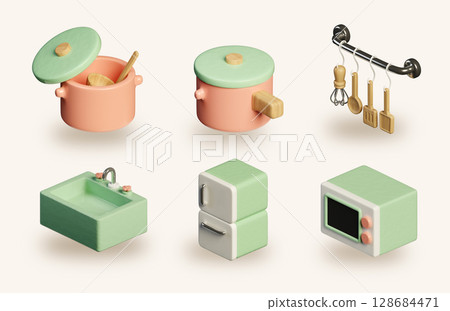 Minimal kitchen essentials set featuring 3D cooking tools and appliances illustration 128684471